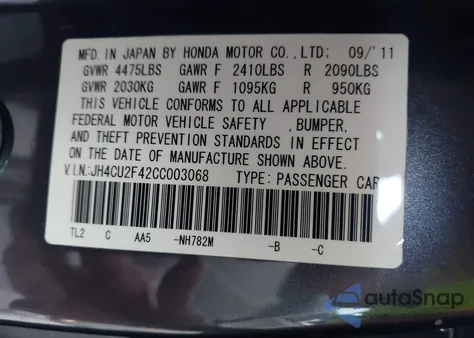 2012 Acura Tsx 2.4 from USA, damaged, VIN JH4CU2F42CC003068